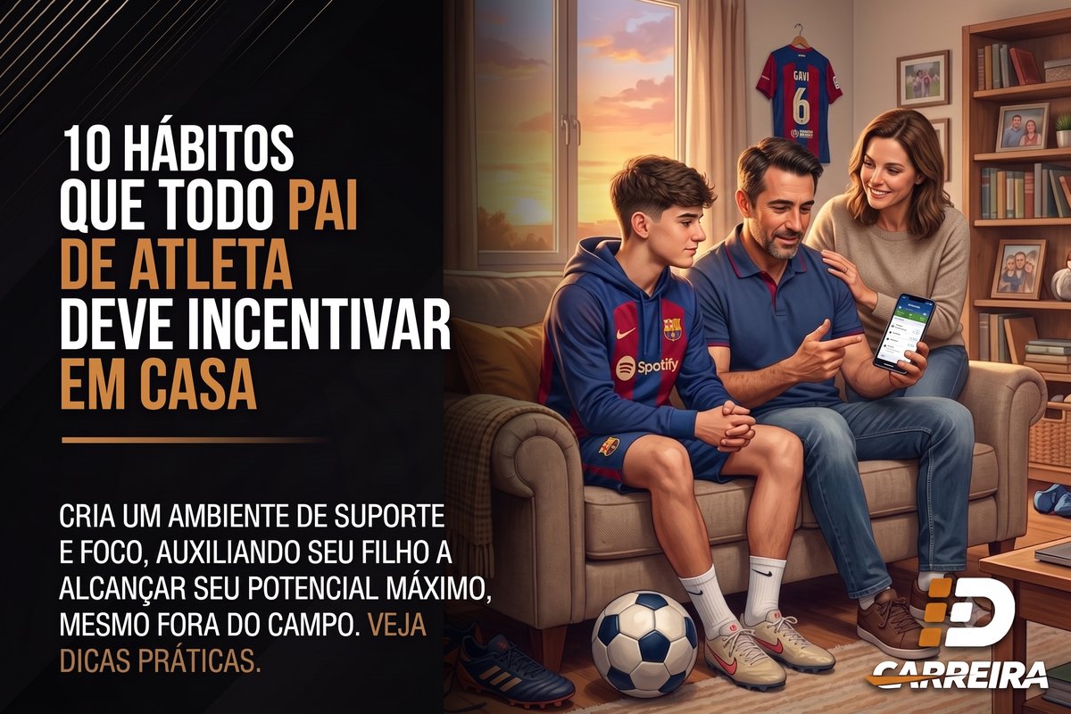Ilustração de pai, mãe e filho adolescente conversando no sofá de casa, com chuteiras e bola de futebol no chão