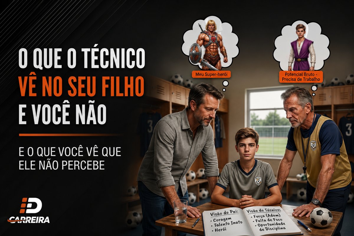 Pai, filho atleta e técnico sentados à mesa de um vestiário, com balões de pensamento mostrando visões diferentes sobre o jogador e um caderno aberto comparando 'Visão do Pai' e 'Visão do Técnico'