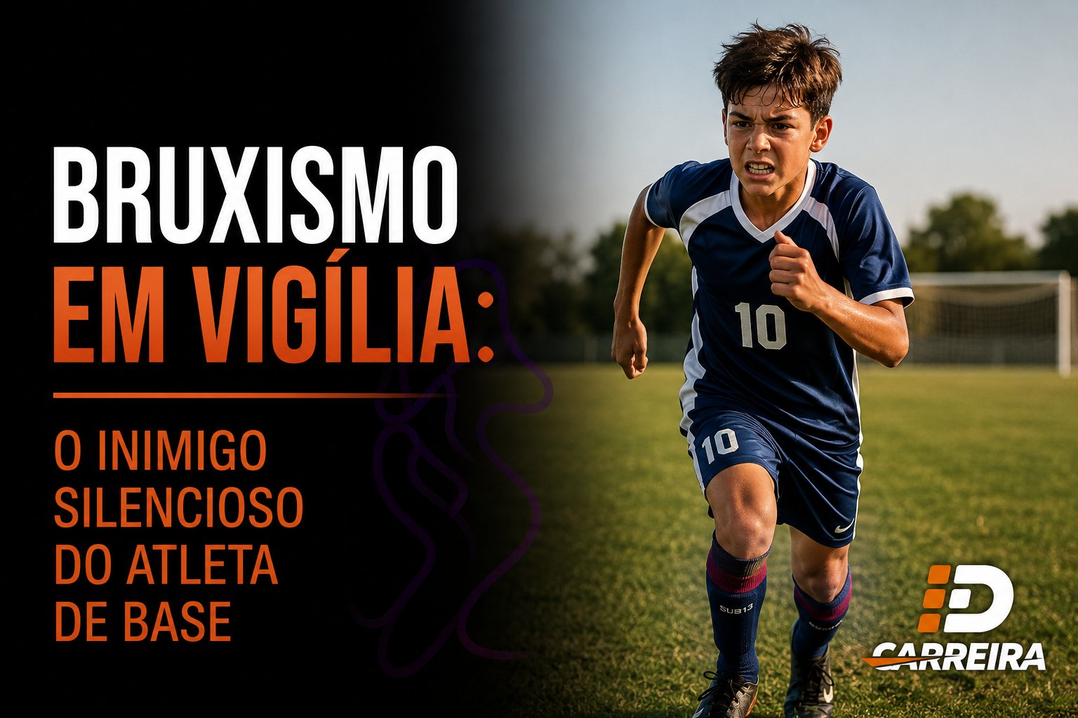 Jovem atleta de futebol correndo em campo com a mandíbula visivelmente travada durante o esforço