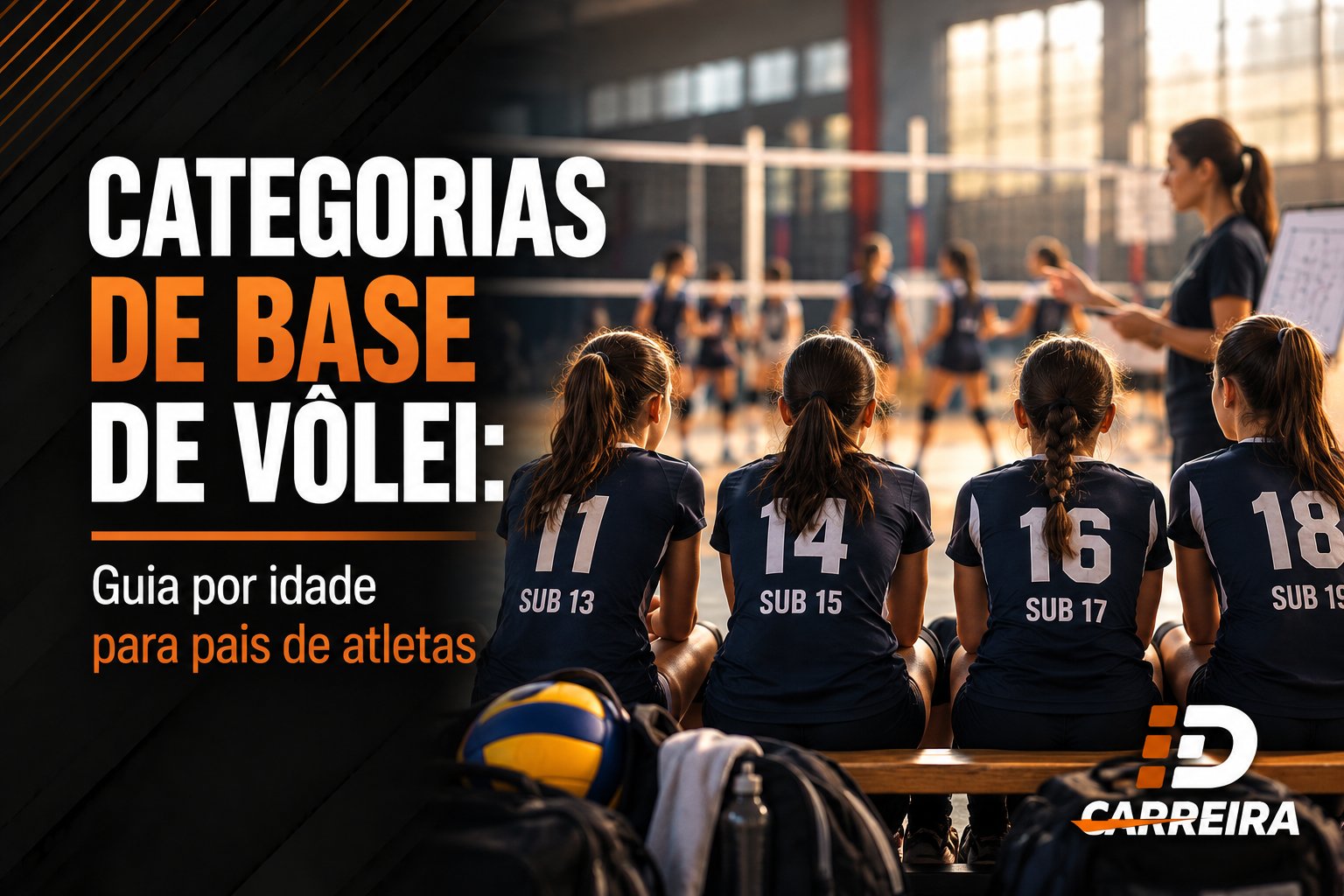 Quatro jovens atletas de vôlei sentadas no banco, de costas, com camisas Sub 13, Sub 15, Sub 17 e Sub 19, ouvindo a técnica com a prancheta em quadra de ginásio