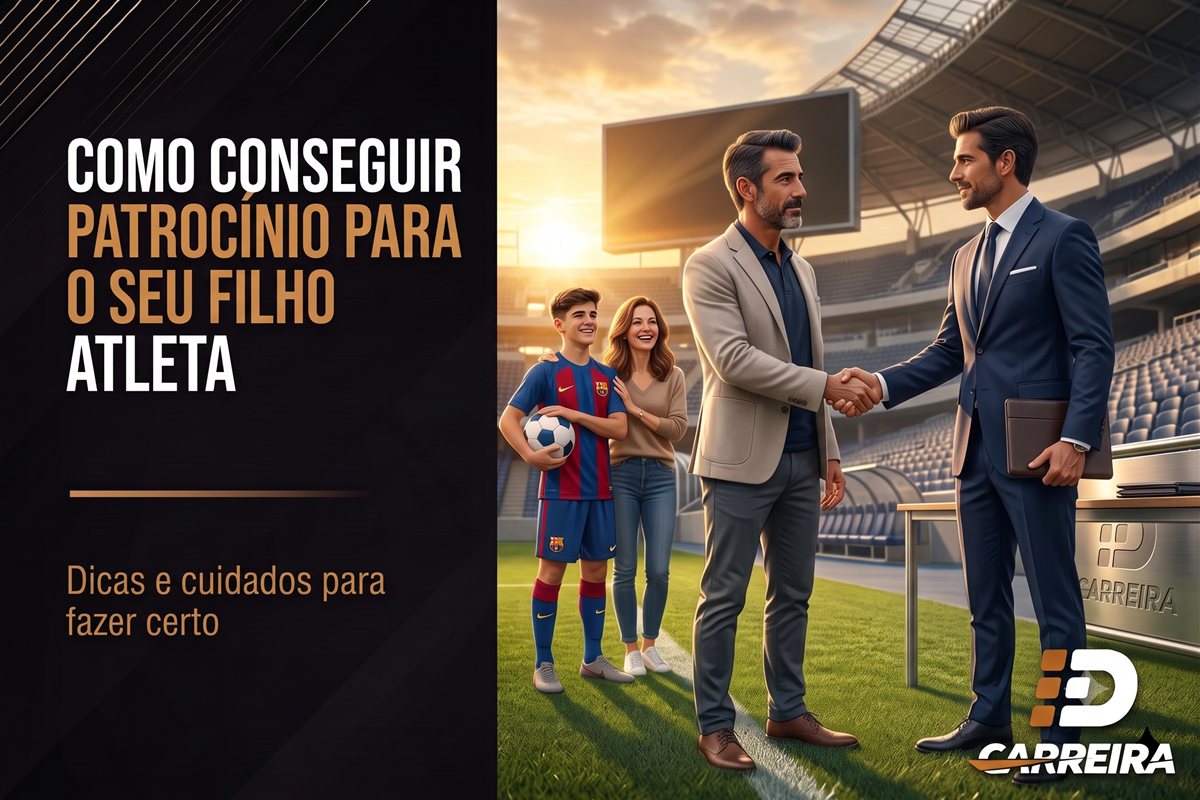 Pai e um empresário apertando as mãos em um estádio ao pôr do sol, enquanto um jovem atleta uniformizado e sua mãe observam sorrindo ao lado, representando o fechamento de um patrocínio esportivo