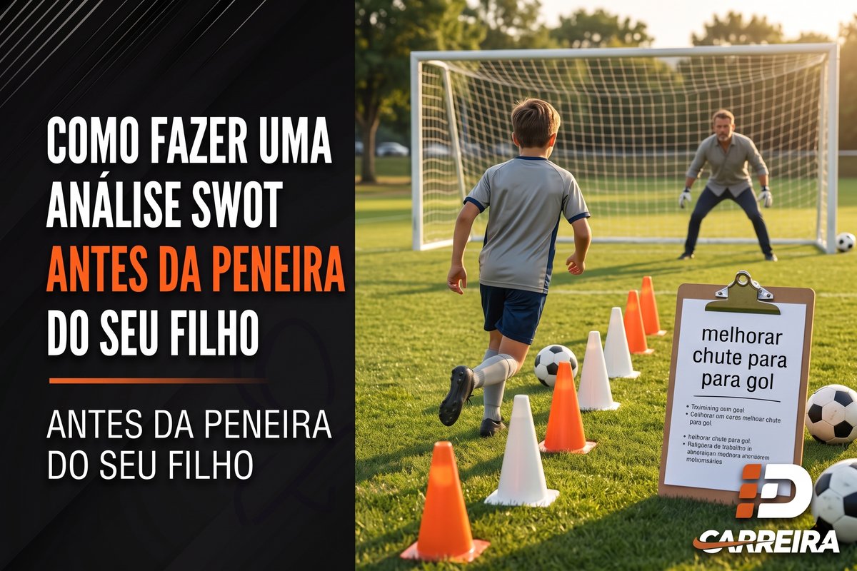 Menino de uniforme de futebol driblando cones em direção ao gol, com o pai como goleiro esperando, e uma prancheta com anotações de treino apoiada no chão
