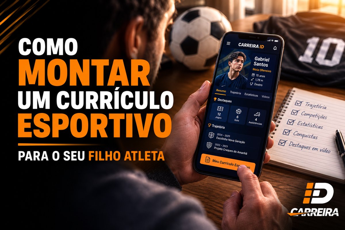 Pai olhando o currículo esportivo do filho no aplicativo Carreira ID