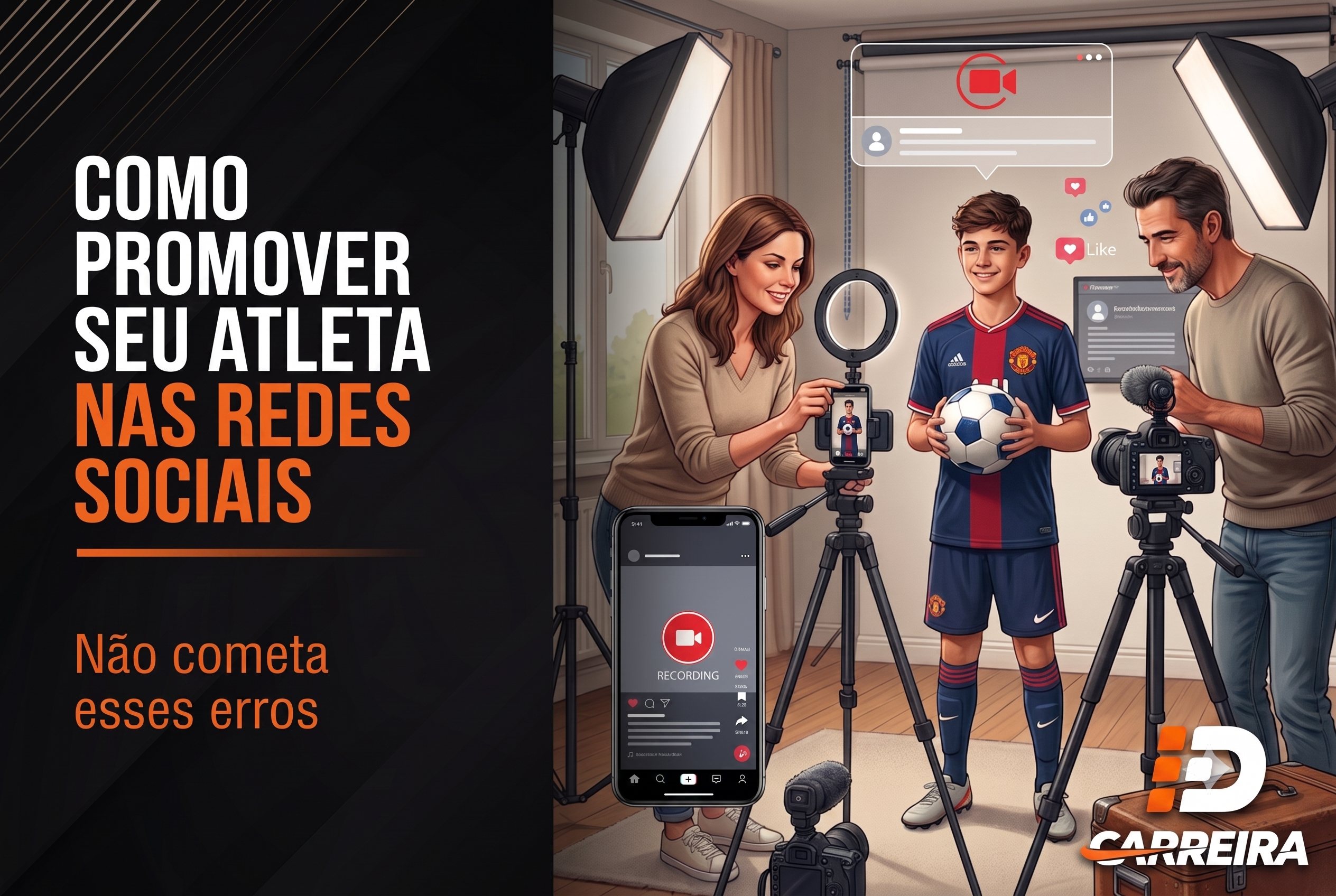 Mãe e pai filmando o filho, atleta de futebol, com celular, ring light e câmera profissional em um home studio, com ícones de curtida e comentário sobrepostos representando redes sociais