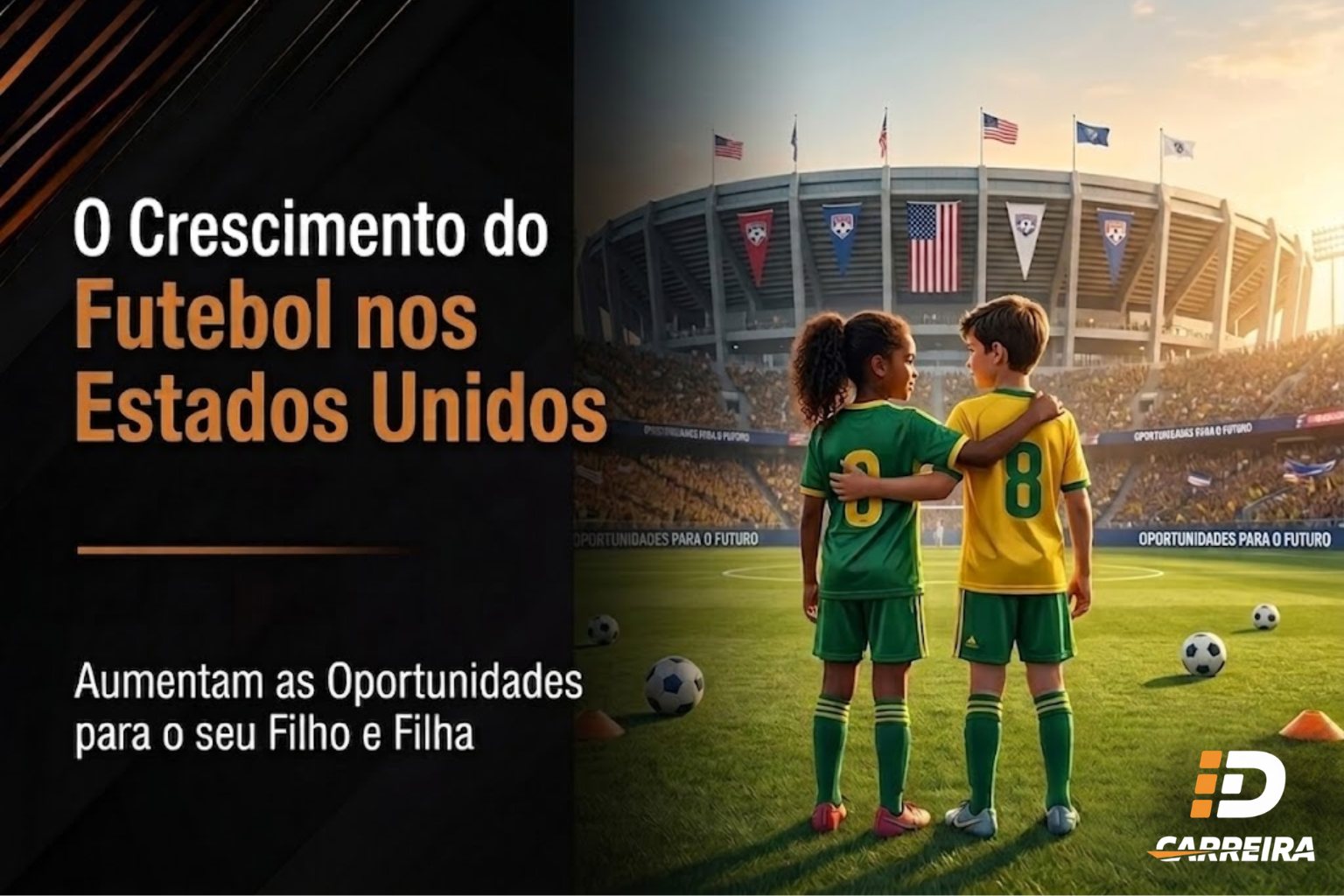 Dois jovens atletas brasileiros de uniforme verde e amarelo, de braços dados, olhando para um estádio de futebol com bandeiras dos Estados Unidos, ilustrando o crescimento do futebol americano e as oportunidades para atletas de base