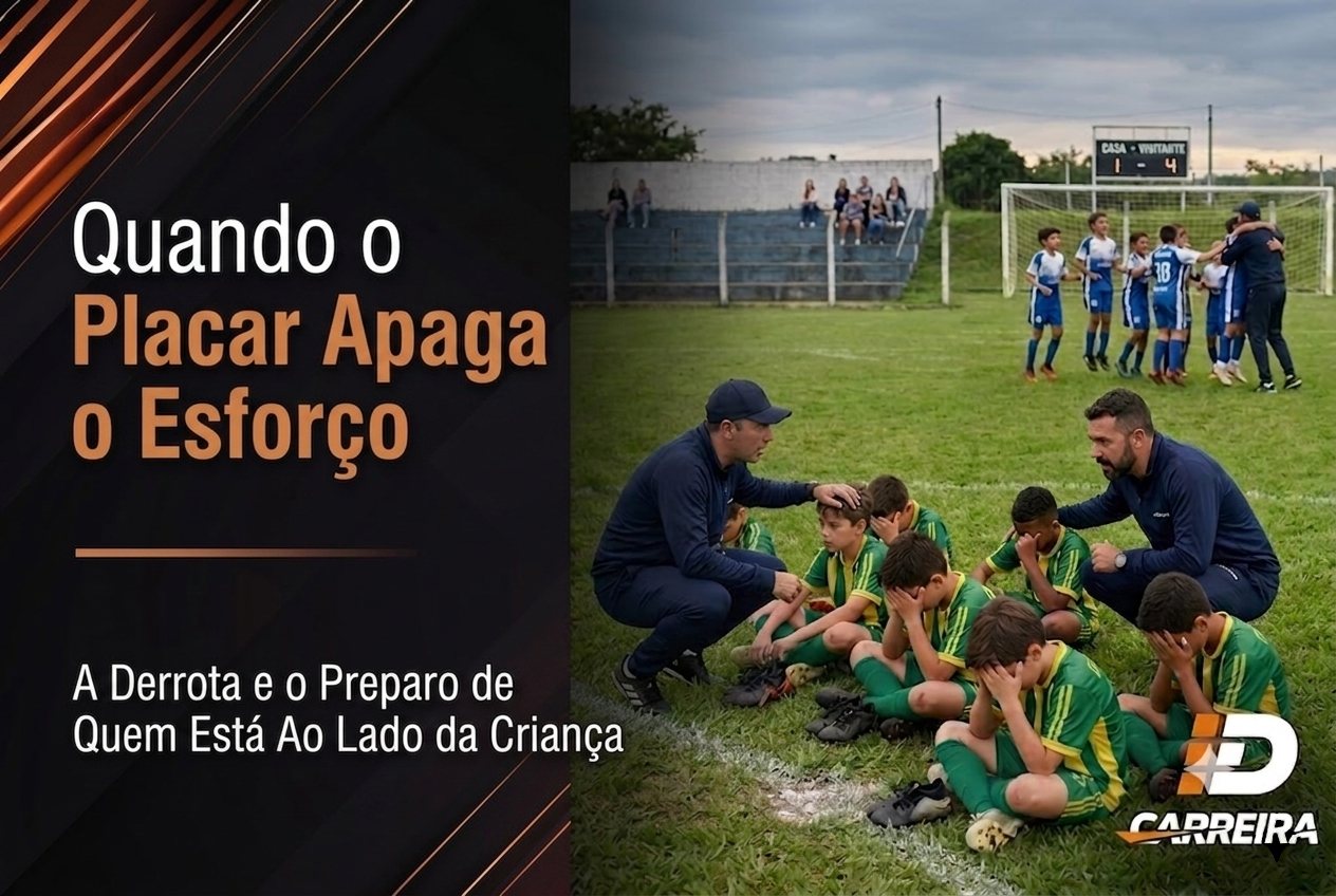 Técnicos agachados conversando com um time de futebol infantil abatido após uma derrota, com o time adversário comemorando ao fundo e o placar 1 a 4 no telão