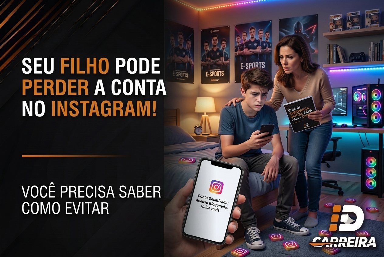 Mãe preocupada observando o filho adolescente mexendo no celular em um quarto com tema de e-sports, com um celular em primeiro plano mostrando uma notificação do Instagram: Conta Desativada, Acesso Bloqueado
