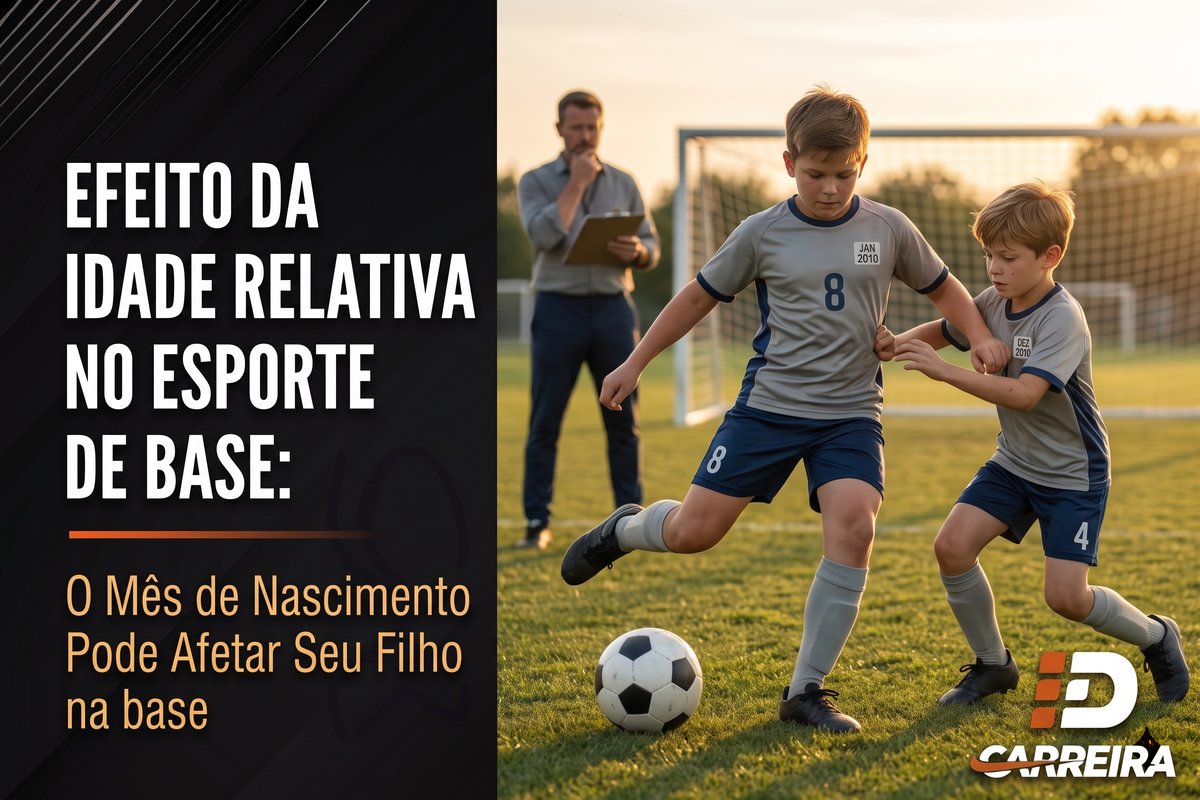 Dois meninos de uniforme disputando a bola, um visivelmente maior que o outro, com etiquetas Jan 2010 e Dez 2010 na camisa e um técnico observando com prancheta ao fundo