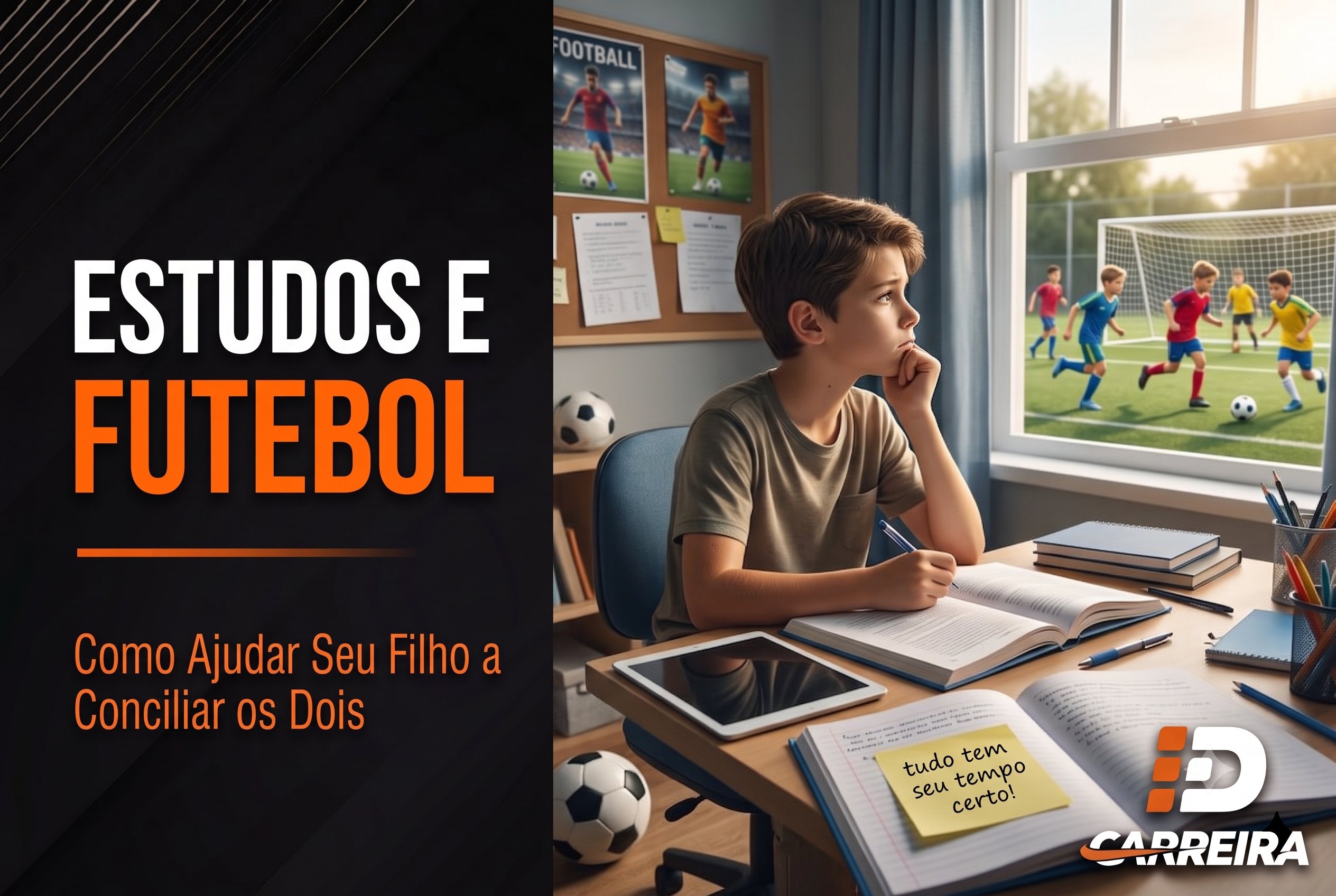 Menino sentado em uma mesa de estudos, com livros e caderno abertos, olhando pensativo pela janela para outras crianças jogando futebol, com um bilhete adesivo escrito 'tudo tem seu tempo certo'