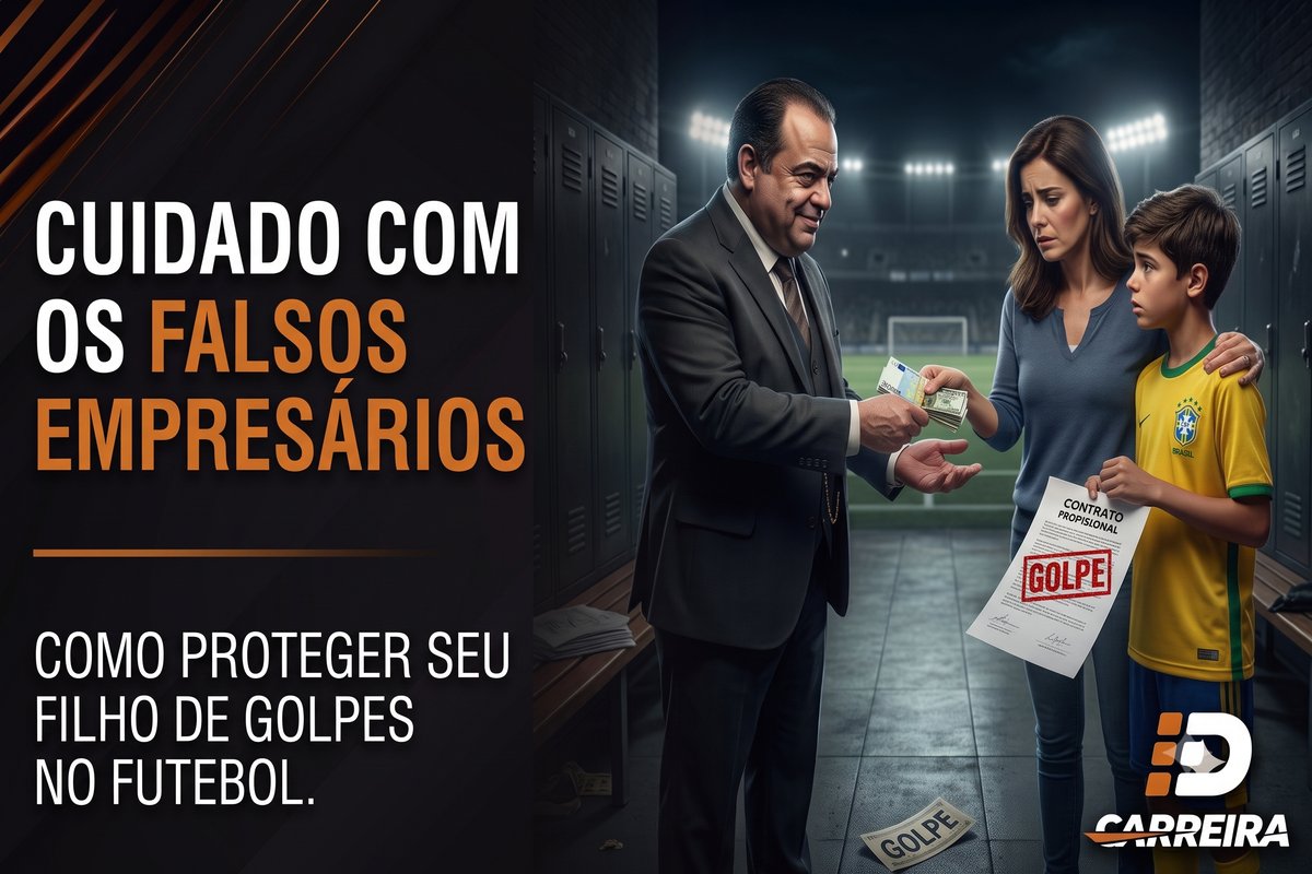 Ilustração de um falso empresário entregando dinheiro para uma mãe preocupada ao lado do filho jogador, com um contrato marcado como golpe no chão