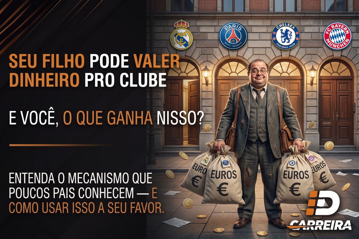 Ilustração de homem segurando sacos de dinheiro em euros em frente a prédio com escudos de clubes de futebol europeus