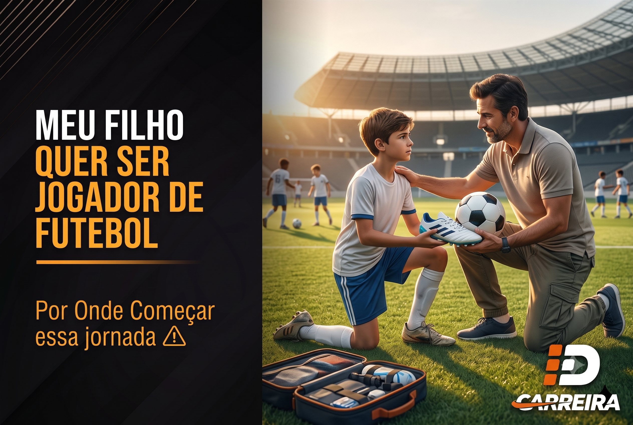 Pai ajoelhado entregando uma chuteira ao filho num campo de futebol, com uma bolsa de material esportivo aberta no chão e outras crianças treinando ao fundo