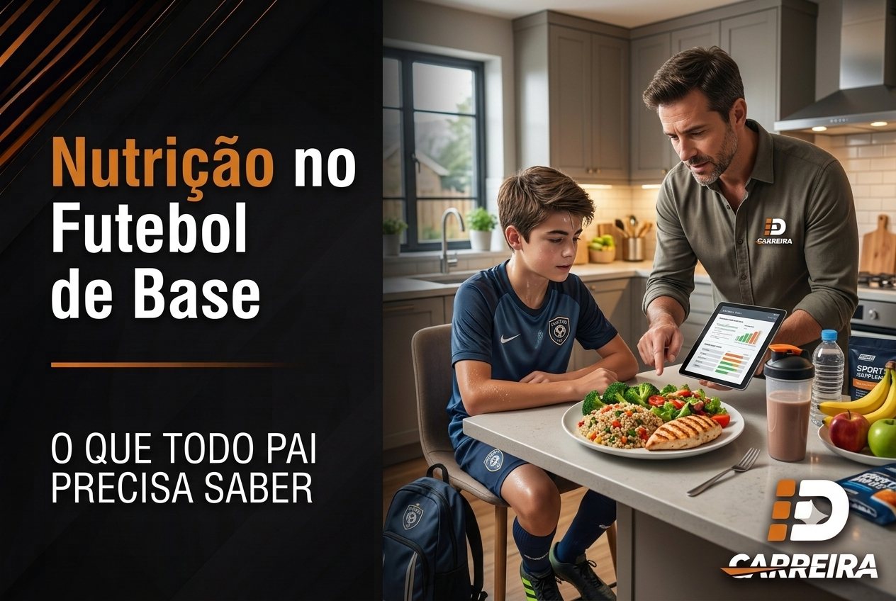 Pai analisando um tablet com dados de desempenho ao lado do filho, atleta de futebol, sentado à mesa da cozinha com um prato de comida equilibrada, água e frutas