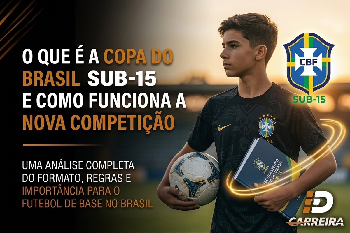 Atleta da categoria Sub-15 com bola e regulamento da Copa do Brasil Sub-15