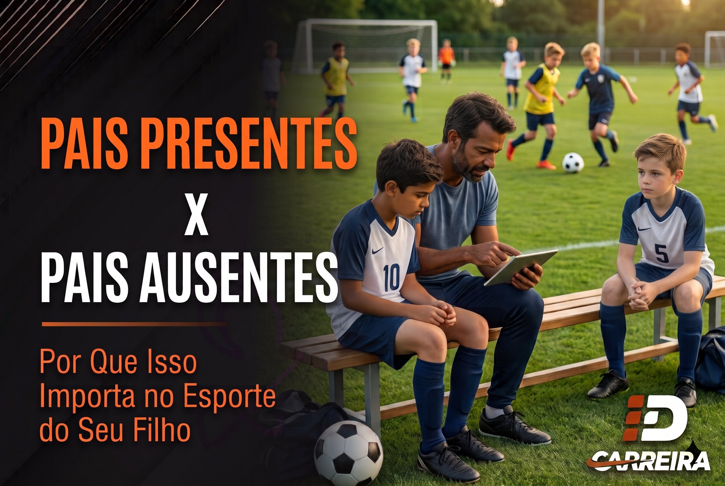 Pai sentado no banco ao lado do filho em uniforme de futebol, mostrando algo no tablet, com outro menino sentado ao lado observando e crianças jogando futebol ao fundo