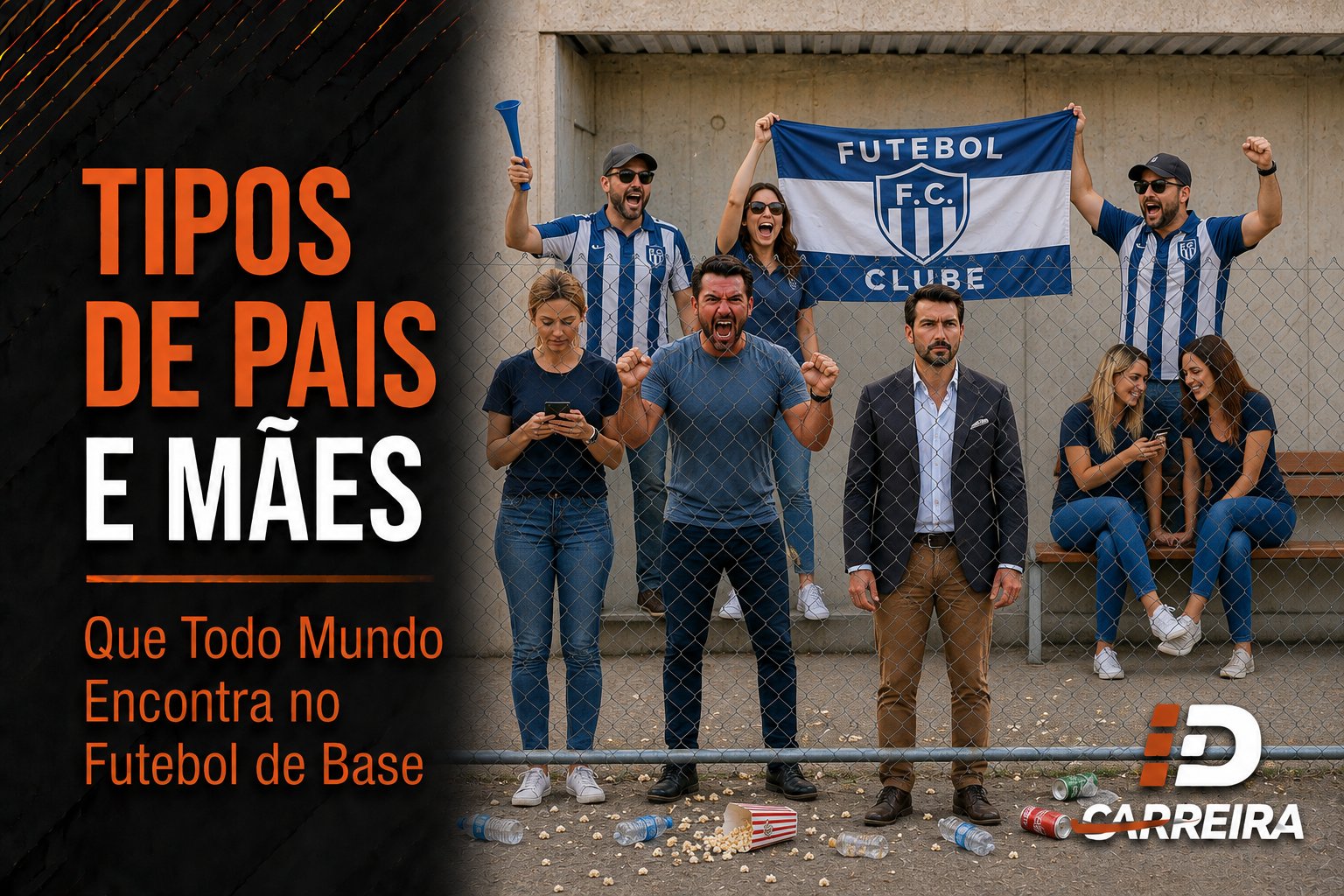 Grupo de pais e mães atrás de uma tela de proteção no campo de futebol, alguns gritando animados, um sério de terno, outros mexendo no celular, com lixo espalhado no chão